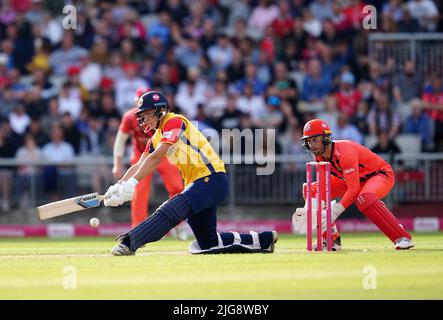 Coups de Michael Pepper d'Essex pendant le match de quart de finale de Vitality Blast T20 à Emirates Old Trafford, Manchester. Date de la photo: Vendredi 8 juillet 2022. Banque D'Images