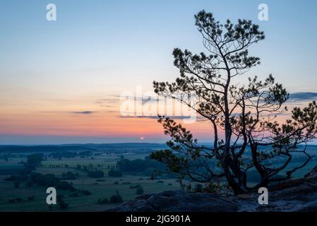 Lever du soleil au mur du diable, armoiries de Hambourg, montagnes du Harz, Timmenrode, Saxe-Anhalt, Allemagne Banque D'Images