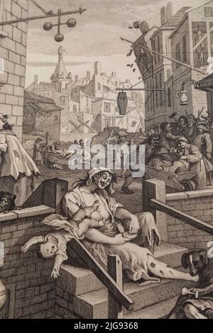 Gravure et gravure sur papier intitulé « Gin Lane » par William Hogarth en date de 1751 Banque D'Images