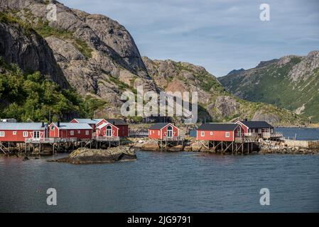 Rorbu des cabanes de pêcheurs rouges, village de Nusfjord, îles Lofoten, Norvège Banque D'Images