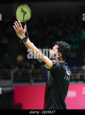 Kuala Lumpur, Malaisie. 08th juillet 2022. Prannoy H. S. de l'Inde célèbre après avoir battu Kanta Tsuneyama du Japon lors du match de quart de finale unique masculin des Perodua Malaysia Masters 2022 à Axiata Arena, Bukit Jalil. Prannoy H. S. a gagné avec partitions; 25/22: 23/20 crédit: SOPA Images Limited/Alamy Live News Banque D'Images