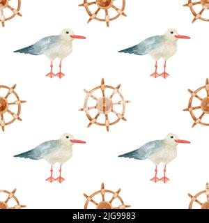 Mer. Mouette. Illustration du motif aquarelle. Utilisation pour la conception de tissu, cartes postales, bannières de voyage, scrapbooking. Banque D'Images