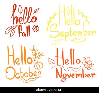 Texte de lettrage Vector Hello Autumn. Encre stylo stylo vecteur calligraphie. Étiquettes, logos, étiquettes dessinées à la main et éléments pour l'automne. Illustration de Vecteur