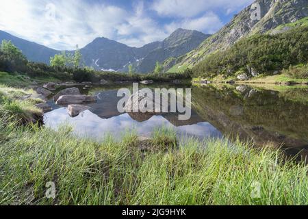 Les pics alpins se reflètent dans le petit tarn fixe avec le feuillage vert, Slovaquie, Europe Banque D'Images