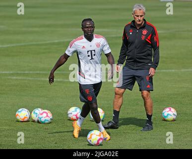 Munich, Allemagne. 8th juillet 2022. Sadio Mane (L) du Bayern Munich assiste à une session d'entraînement pré-saison au terrain d'entraînement du club de football du Bayern Munich, rue Saebener, à Munich, en Allemagne, sur 8 juillet 2022. Credit: Philippe Ruiz/Xinhua/Alay Live News Banque D'Images