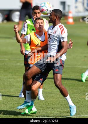 Munich, Allemagne. 8th juillet 2022. Ryan Gravenberch (avant R) du Bayern Munich et ses coéquipiers assistent à une séance d'entraînement pré-saison au terrain d'entraînement du club de football de Bayern Munich, rue Saebener, à Munich, en Allemagne, sur 8 juillet 2022. Credit: Philippe Ruiz/Xinhua/Alay Live News Banque D'Images