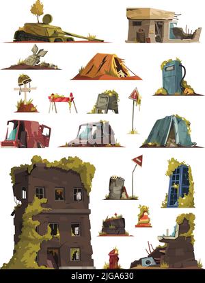 Après apocalypse ensemble de dessins animés abandonnés de la ville bâtiments voitures détruire dans la zone de guerre illustration vectorielle Illustration de Vecteur