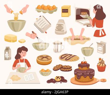 Ensemble de cuisson maison couleur plate de pâte sucre soda beurre oeufs mélangeur de lait et pâtisseries prêtes à l'emploi illustration vectorielle isolée Illustration de Vecteur