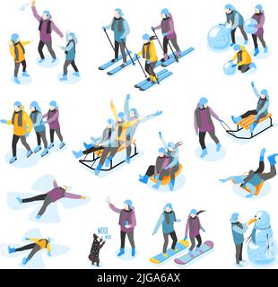 Hiver amusant isométriques icônes ensemble avec ski traîneau snowboard bâtiment bonhomme de neige faisant des anges de neige recolorer l'illustration vectorielle Illustration de Vecteur