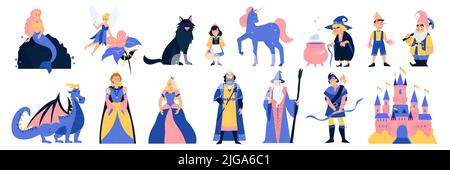 Personnages de conte de fées ensemble de dessins animés du roi reine princesse mermaid dragon unicorn petite cagoule rouge avec illustration vectorielle isolée de loup Illustration de Vecteur