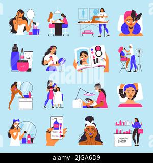 Cosmetology femme jeu de couleurs avec des icônes isolées de visages féminins personnages d'esthéticiennes et de produits cosmétiques illustration vectorielle Illustration de Vecteur