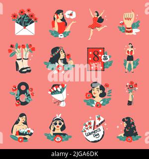 International femmes jour couleur ensemble d'icônes isolées femmes personnages images de fleurs cartes et cadeaux illustration vectorielle Illustration de Vecteur