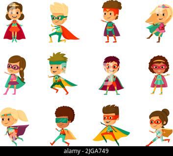 Enfants superhéros dessin animé icône ensemble petits garçons et filles dans différents costumes avec masque de manteau et autres accessoires illustration vectorielle Illustration de Vecteur