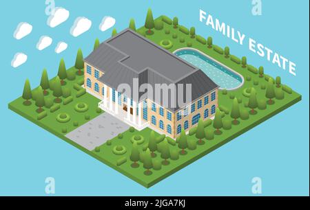 Composition isométrique de domaine familial avec grande piscine à deux maisons entreposées et illustration du vecteur de grand parc Illustration de Vecteur