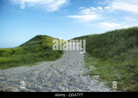 Gros plan sur un chemin de sable avec de l'herbe verte luxuriante qui pousse sur une plage avec un espace de copie nuageux. Beau ciel bleu sur une chaude et ensoleillée journée d'été sur un sec Banque D'Images