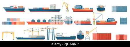 Ensemble d'icônes plates isolées de port de cargaison avec des images de conteneurs de couleur grues et navires de fret illustration vectorielle Illustration de Vecteur