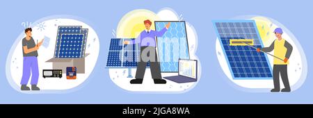 Énergie solaire ensemble de trois compositions plates avec les travailleurs personnages unboxing installation et nettoyage panneaux photovoltaïques illustration vectorielle Illustration de Vecteur