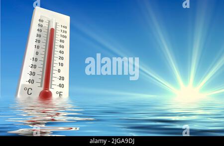 Vague de chaleur en été - thermomètre dans l'eau au soleil Banque D'Images