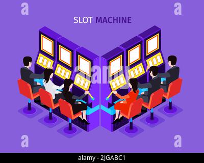 Hommes et femmes jouant sur des machines à sous au club de casino sur fond violet 3D illustration vectorielle isométrique Illustration de Vecteur