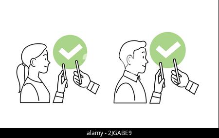 Homme et femme tenant un smartphone pour la vérification numérique des passes sanitaires. Carte de santé, carte verte de l'ue, vérification du code qr, certificat de vaccin ou passeport. Illustration de Vecteur