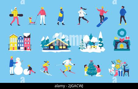 En hiver, jeu de couleurs plates avec adultes et enfants, patinage à ski, illustration vectorielle isolée de bonhomme de neige Illustration de Vecteur