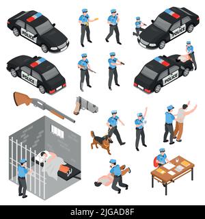 Icônes isométriques de police ensemble de caractères policiers en uniforme avec l'arme impliqué dans les criminels détention illustration vectorielle isolée Illustration de Vecteur