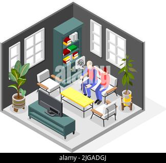 Composition des symptômes de démence isométrique avec le vieil homme confus et son parent assis sur un canapé dans la salle de séjour 3D illustration du vecteur isométrique Illustration de Vecteur