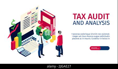 Audit et analyse des impôts bannière horizontale avec des caractères d'homme d'affaires et d'inspecteur des impôts à l'arrière-plan du bilan illustration vectorielle isométrique Illustration de Vecteur