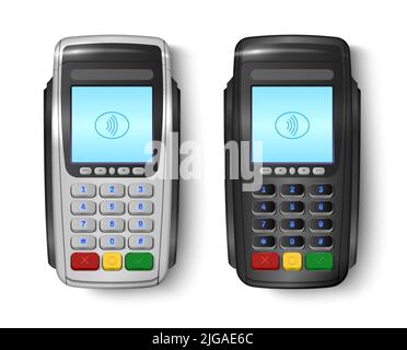 Deux appareils réalistes pour le traitement des paiements avec fonction wi-fi isolée sur une illustration vectorielle d'arrière-plan blanche Illustration de Vecteur