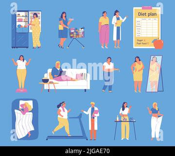 Stratégie de perte de poids couleur ensemble de femmes surdimensionnées et nutritionniste créant plan de régime isolé illustration vectorielle Illustration de Vecteur