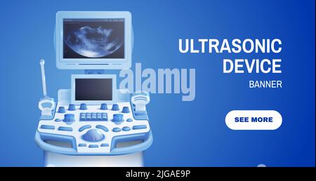 Bannière horizontale de dispositif ultrasonique avec image réaliste de l'appareil de diagnostic d'sonogramme et voir plus d'illustration du vecteur de bouton Illustration de Vecteur