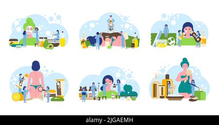 Kit avec six compositions plates isolées de procédure de soin avec silhouettes de bulles de mousse femmes et illustration vectorielle de cosmetologistes Illustration de Vecteur