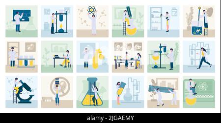 Kit de laboratoire avec compositions carrées isolées de tubes à essai plats pour microscopes molécules et meubles avec illustration vectorielle scientifique Illustration de Vecteur