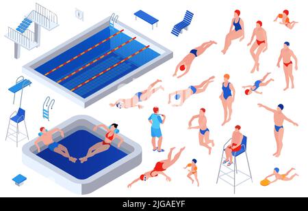 Icône de piscine isométrique colorée ensemble deux piscines chaises longues piscine paraphhernalia nageurs se préparant à nager et sauter illustration vectorielle Illustration de Vecteur