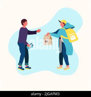 Livraison de nourriture et de marchandises à la maison d'une personne, boîte en mains Illustration de Vecteur