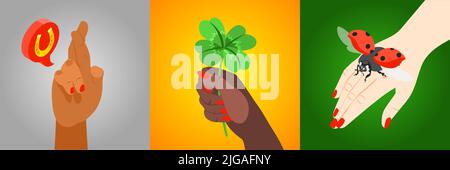 Symboles chanceux conception ensemble de trois compositions carrées avec des mains humaines et des signes de réussite illustration vectorielle Illustration de Vecteur