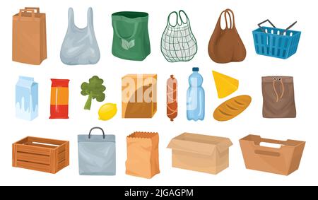 Panier à aliments boîte de sacs ensemble d'icônes isolées d'articles d'emballage et de produits d'épicerie sur fond vierge illustration vectorielle Illustration de Vecteur
