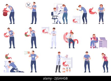 Gastro gastrite ensemble plat avec icônes isolées de personnes souffrant de maladies intestinales avec l'illustration de vecteur d'images d'estomac Illustration de Vecteur