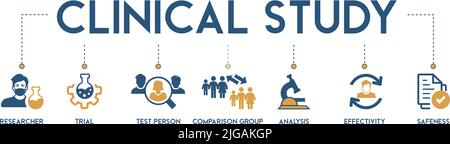 Bannière de l'étude clinique web icône vecteur illustration concept pour la recherche sur les essais cliniques avec une icône de chercheur, d'essai, de personne de test, de comparaison Illustration de Vecteur