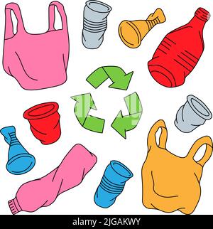 Ensemble de déchets non trié. Concept de problème écologique de recyclage. Illustration du plastique, du verre, du métal, du papier, des déchets organiques. Types de parasites définis Illustration de Vecteur