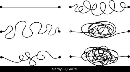 Concept de solution à méthodes dures, moyennes et faciles illustré par des lignes droites et enchevêtrées. Décision de chemin simple et complexe. Illustration vectorielle. Illustration de Vecteur