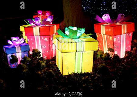 PAKRUOJIS / LITUANIE - 29 décembre 2019: Boîtes-cadeaux colorées au Festival chinois de lumière les grandes lanternes de Chine Banque D'Images