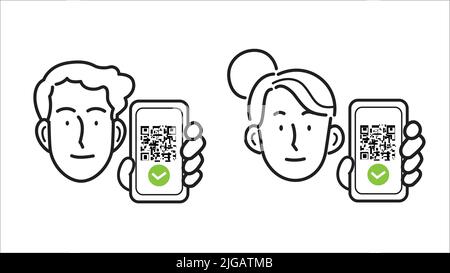 Les icônes de ligne définissent le vecteur. Homme et femme tenant un smartphone avec un passe numérique sanitaire vert. Code QR à l'écran. Vérification Covid Pass. Carte verte de l'UE, santé p Illustration de Vecteur
