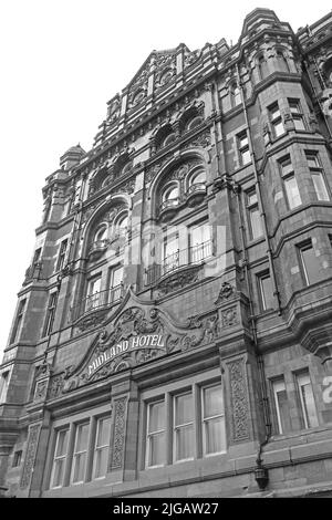 Détails de l'hôtel Midland, hôtel de chemin de fer classique, 16 Peter St, Manchester, Angleterre, ROYAUME-UNI, M60 2DS - MONOCHROME Banque D'Images