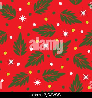 Motif vectoriel sans couture avec feuilles de Noël sur fond rouge. Papier peint hiver de saison. Papier d'emballage textile de mode. Illustration de Vecteur
