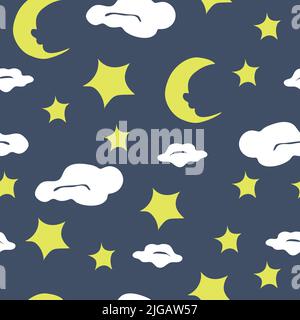 Motif vectoriel sans couture avec lune et étoiles sur fond bleu. Fond d'écran ciel de nuit avec nuages. Mode simple en tissu pour les enfants. Illustration de Vecteur