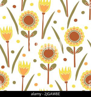 Motif vectoriel sans couture avec tulipes et tournesols sur fond blanc. Papier peint simple à motif fleuri dessiné à la main. Textile de mode de prairie d'été. Illustration de Vecteur