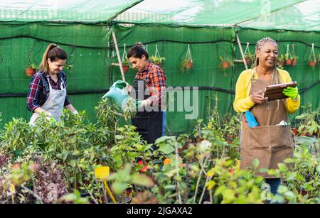 Jardiniers multiraciaux travaillant ensemble dans la boutique de vente au détail de jardins de plantes et de fleurs Banque D'Images