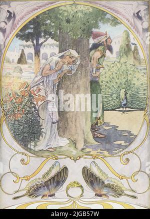 Cette image de J M Gleeson en 1912 illustre le papillon estampillé de Kipling. Le roi Salomon était si sage qu'il pouvait comprendre ce que toutes les créatures ont dit, ainsi que les rochers, les arbres, les plantes et les gens, et sa tête la reine Balkis était presque aussi sage que lui. Il portait un anneau magique qui lui donnait le pouvoir d'invoquer Djinns, Afits, Fairies et l'Archange Gabriel. Mais il n'était pas fier, et s'il l'a jamais montré, il l'a repentie. Une fois qu'il a essayé de nourrir tous les animaux du monde en un jour, mais un animal est sorti de la mer et a englouti toute la nourriture, en commentant que dans sa famille qui était à peine une collation, une leçon qui Banque D'Images