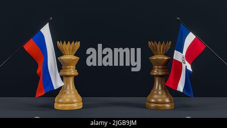 Drapeau de la Russie et drapeau de la République dominicaine et roi d'échecs sur l'échiquier, Russie contre les pays de la République dominicaine conflit politique et concept de guerre, 3D WO Banque D'Images